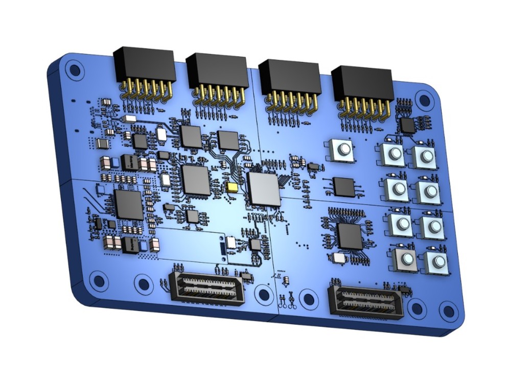 Onshape CAD model of the full Explorer Board display with its connectors, chips and buttons