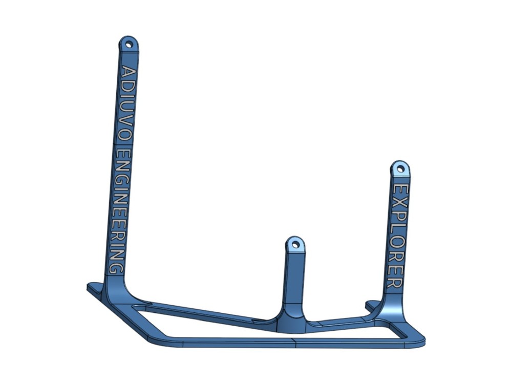 Onshape CAD model of the blue stand with ADIUVO ENGINEERING and EXPLORER modelled into the legs