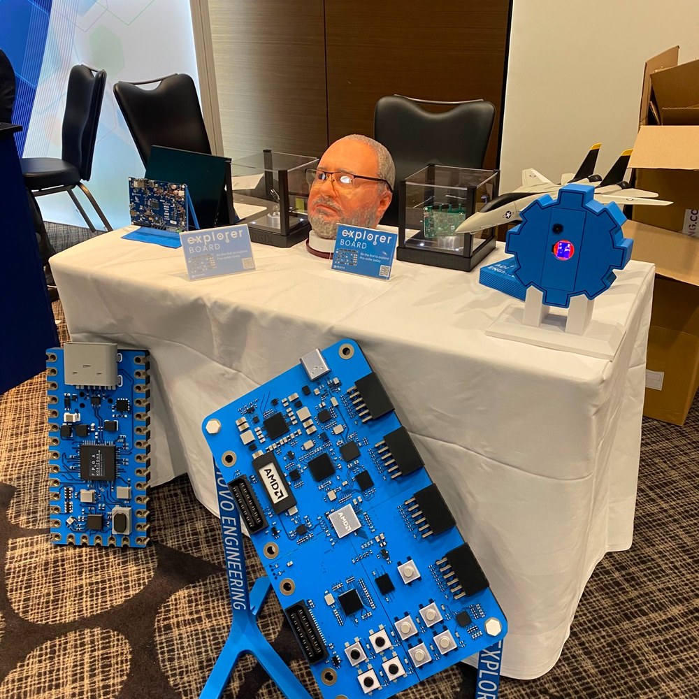Large-scale Explorer Board display on its stand in front of the Adiuvo Explorer table at FPGA Horizons London 26